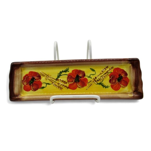 RED POPPY Flowers Ceramic Dish Abbaye Du Sage France Vintage 10" - Picture 1 of 9